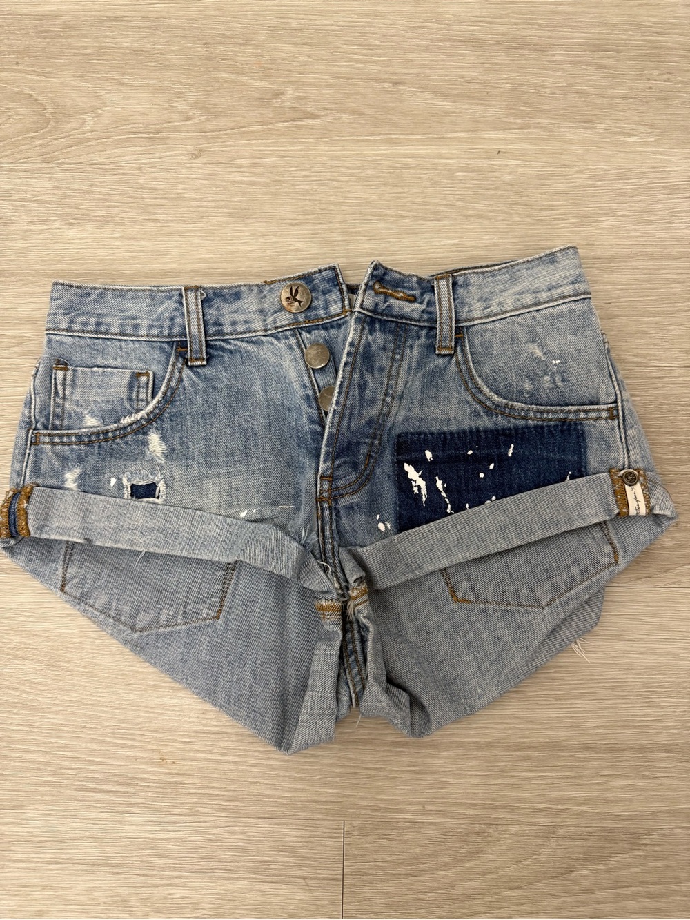 One Teaspoon Light Blue Distressed Denim Patch Shorts